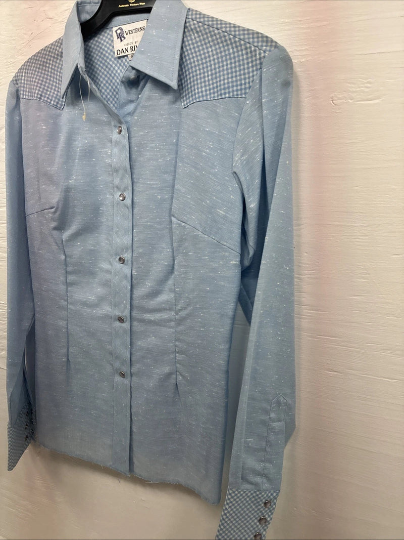 New Men’s DR Westerns Baby Blue Designed Long Sleeve Pearl Snap 10 Small J-50