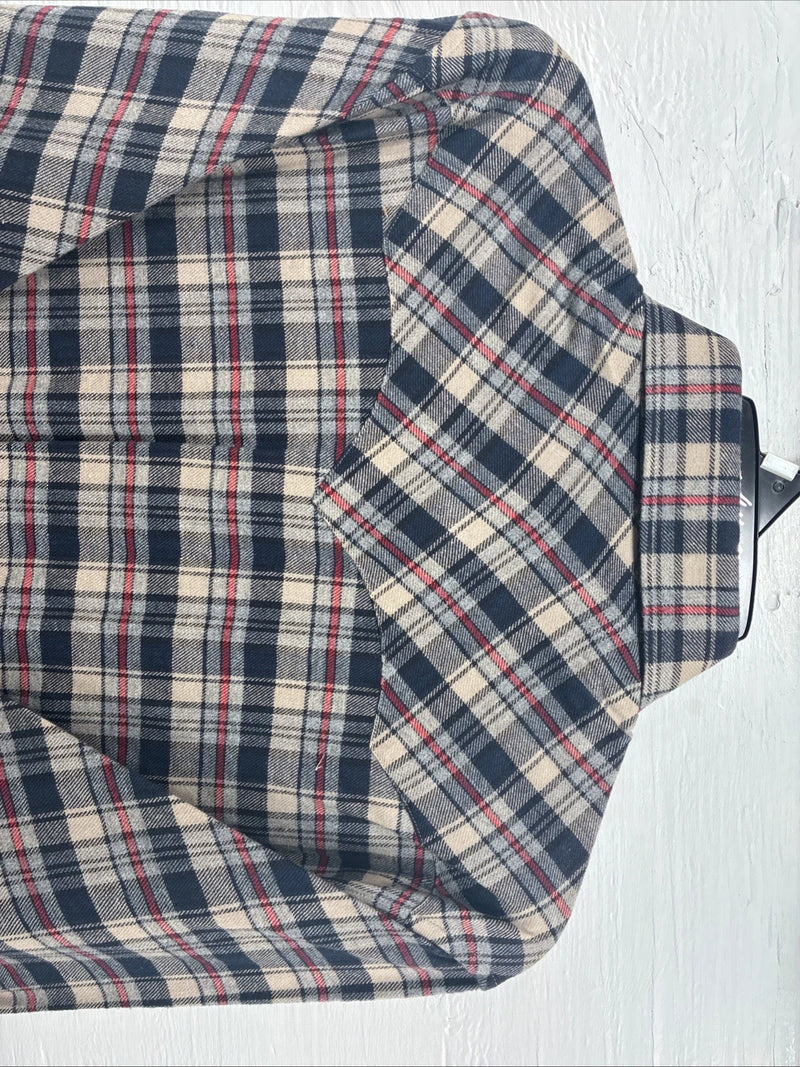 New Men’s White Horse Brown Blue Plaid Long Sleeve Pearl Snap Large V-102
