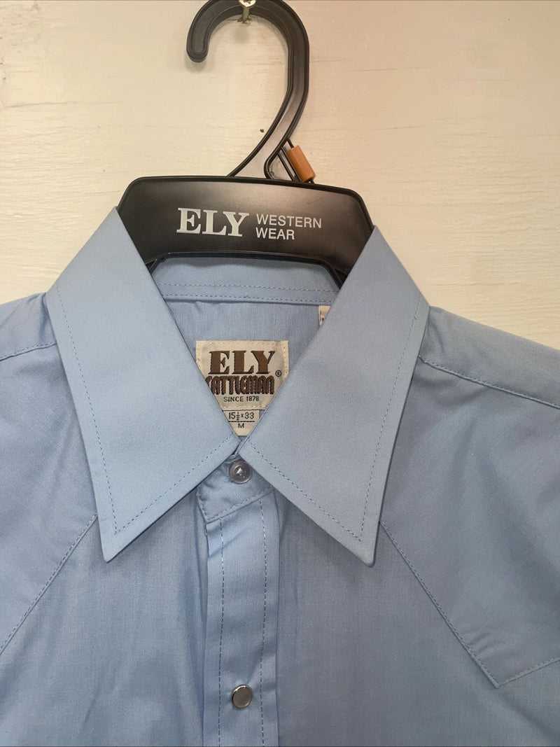 New Men’s ELY Cattleman Blue Long Sleeve Pearl Snap 15.5 X 33 Medium B-114