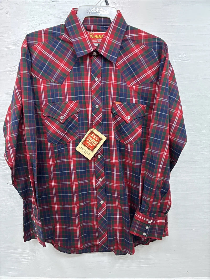 New Men’s ELY Plains Red Blue Plaid Long Sleeve Pearl Snap 16 Large Q-22