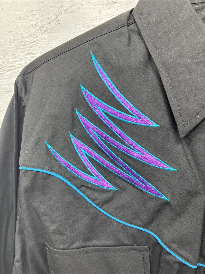 New Men’s ELY Diamond Black Purple Design Long Sleeve Pearl Snap Large V-22