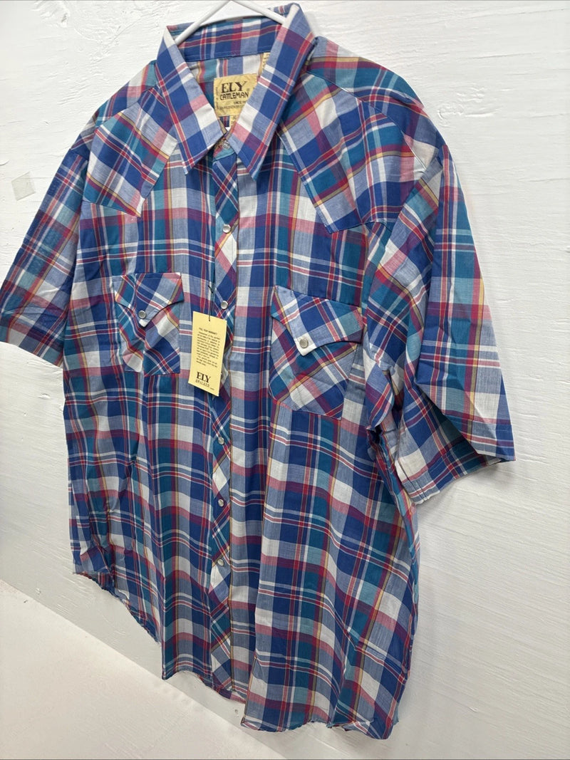 New Men’s ELY Cattleman Multicolor Plaid Short Sleeve Pearl Snap XL Short T-30
