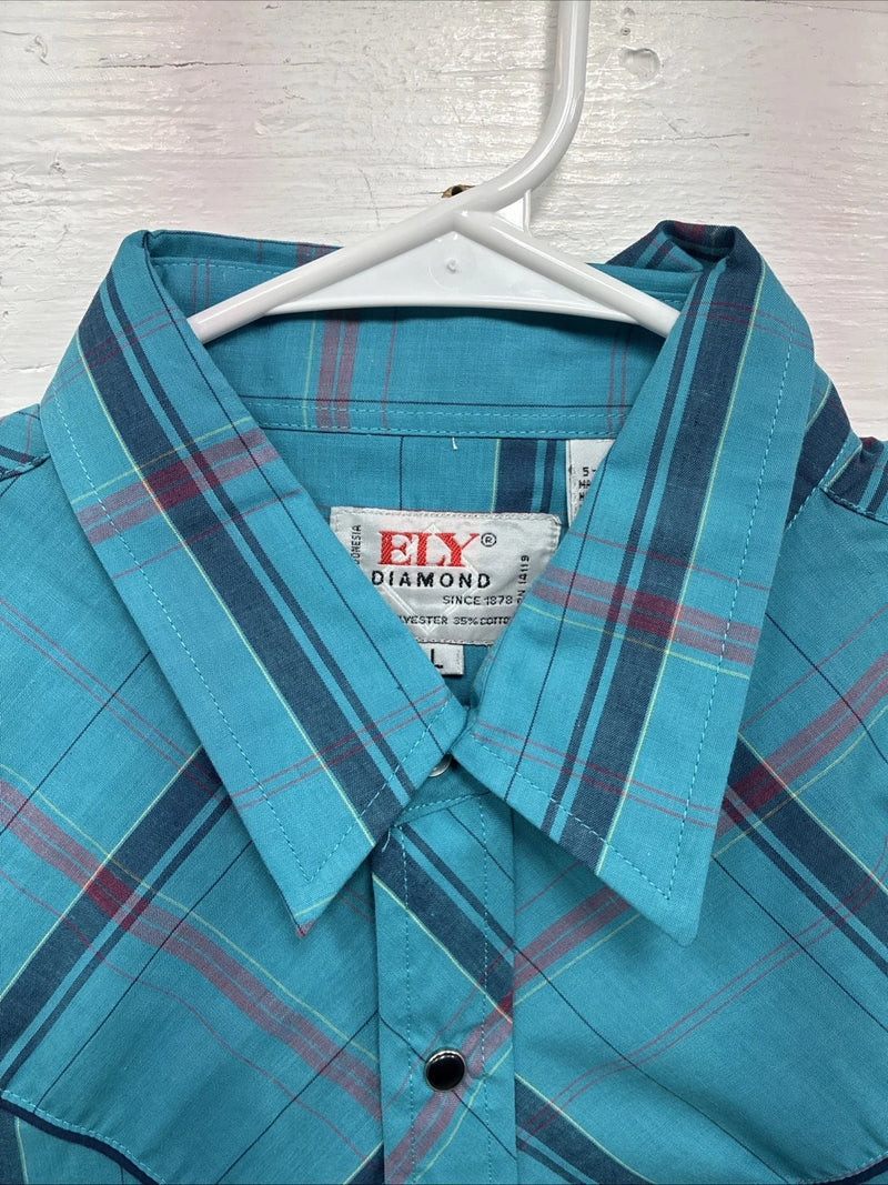 New Men’s ELY Diamond Blue Plaid Long Sleeve Pearl Snap Large X-73