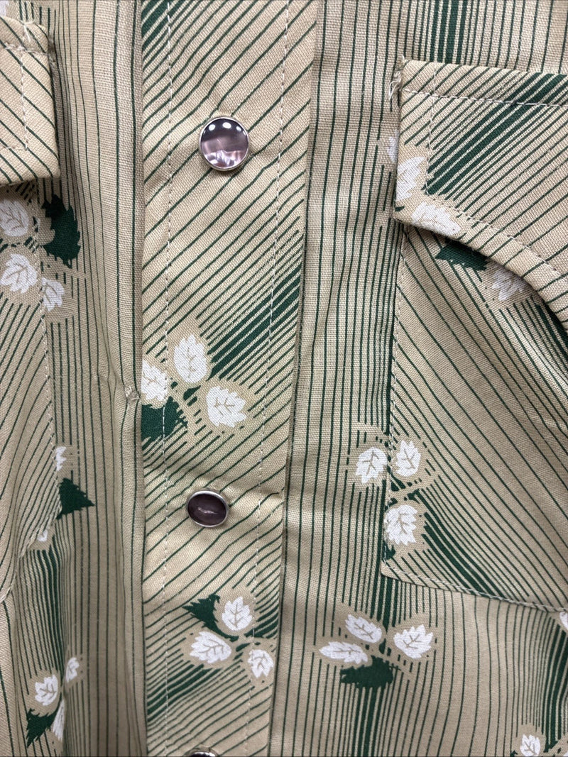 New Men’s ELY Plains Tan Green Floral Long Sleeve Pearl Snap 14.5 Small X-111
