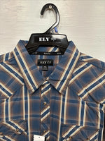 New men’s ELY 1878 Blue Flannel Long Sleeve Pearl Snap 2XL F-65