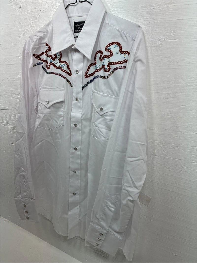 New Men’s Champion Western White Embroidered Long Sleeve Pearl Snap 17 XL T-5