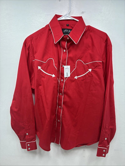 New Women’s White Horse Red Design Long Sleeve Pearl Snap Size Large YY-17