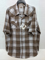 New Men’s ELY Cattleman Tan White Flannel Short Sleeve Pearl Snap 4XL E-69