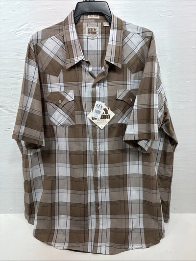 New Men’s ELY Cattleman Tan White Flannel Short Sleeve Pearl Snap 4XL E-69