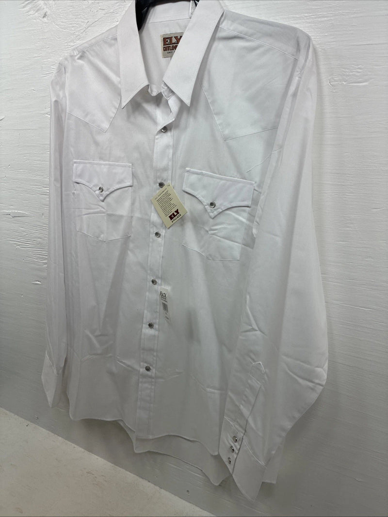 New Men’s ELY Cattleman White Long Sleeve Pearl Snap 16.5 X 36 Large CC-38