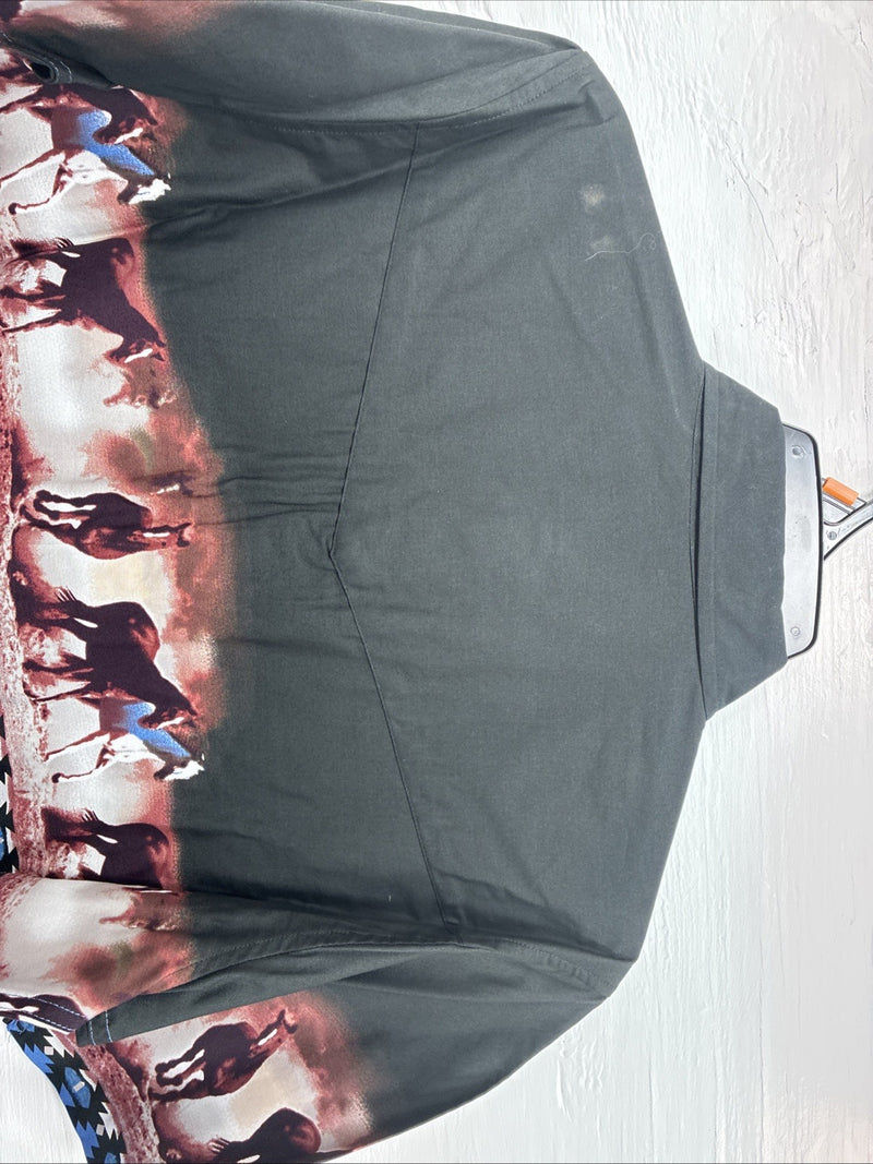New Men’s ELY Cattleman Blue Black Horse Design Short Sleeve Pearl Snap Med J-96