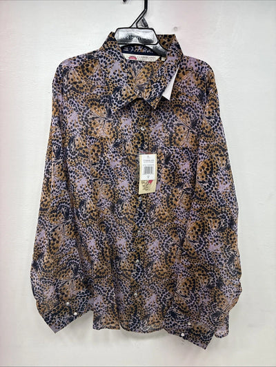 New Women’s Cumberland Purple Yellow Print Long Sleeve Pearl Snap 2XL GG-40
