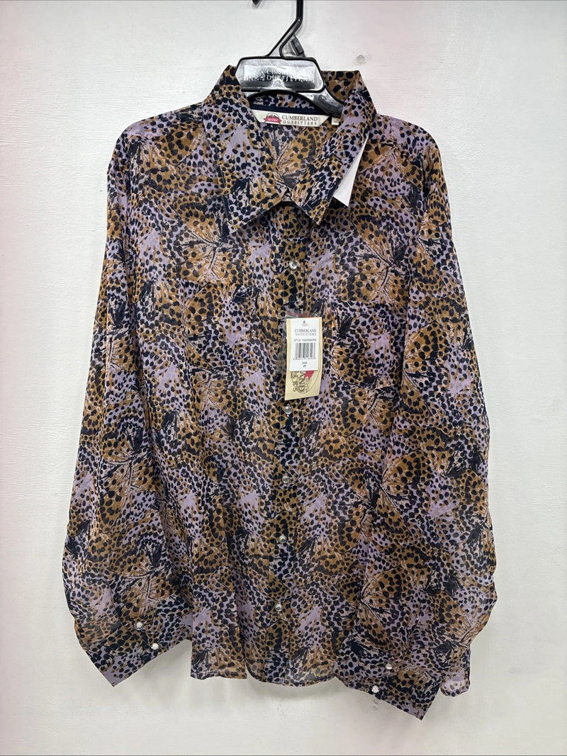 New Women’s Cumberland Purple Yellow Print Long Sleeve Pearl Snap 2XL GG-40