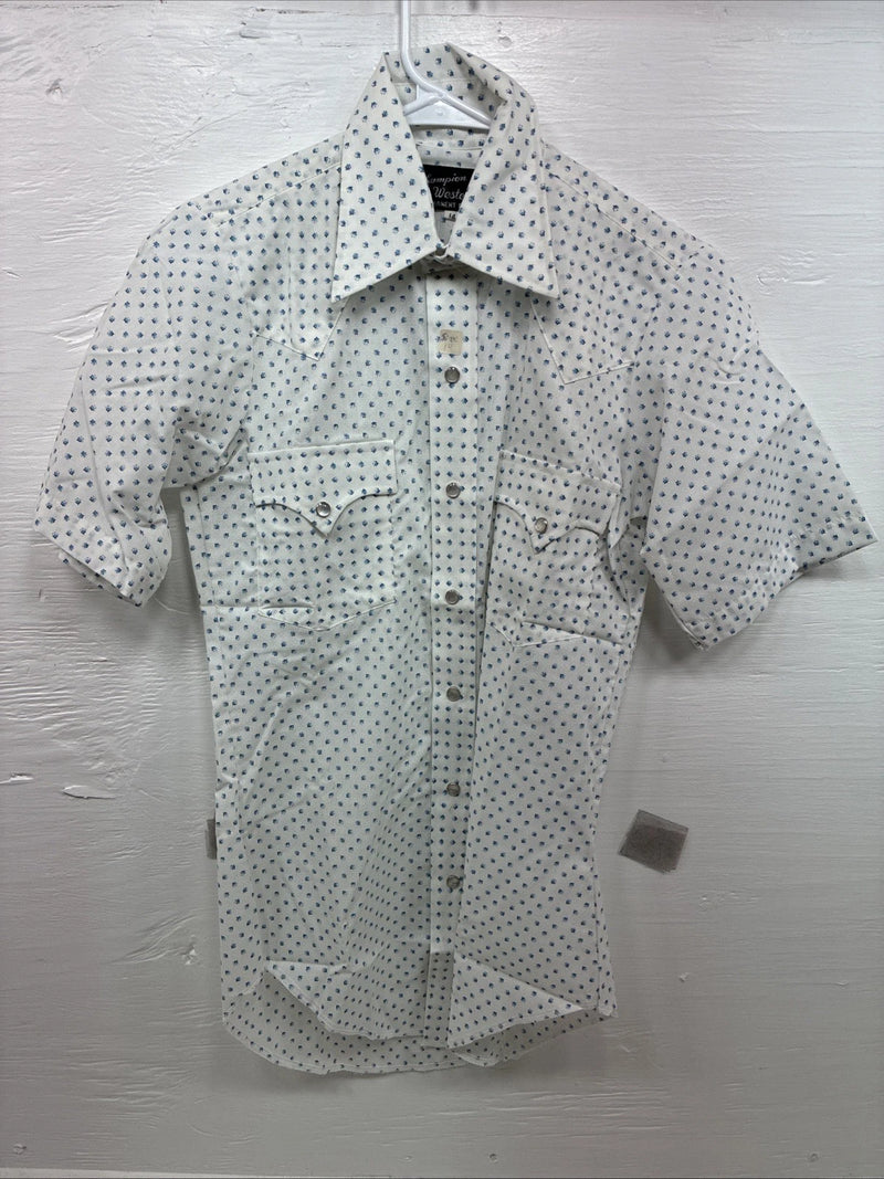 New Men’s Champion Western White Floral Short Sleeve Pearl Snap 14 Small AA-96