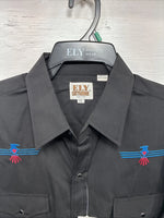 New Men’s ELY Cattleman Black Aztec Design Long Sleeve Pearl Snap XL O-67