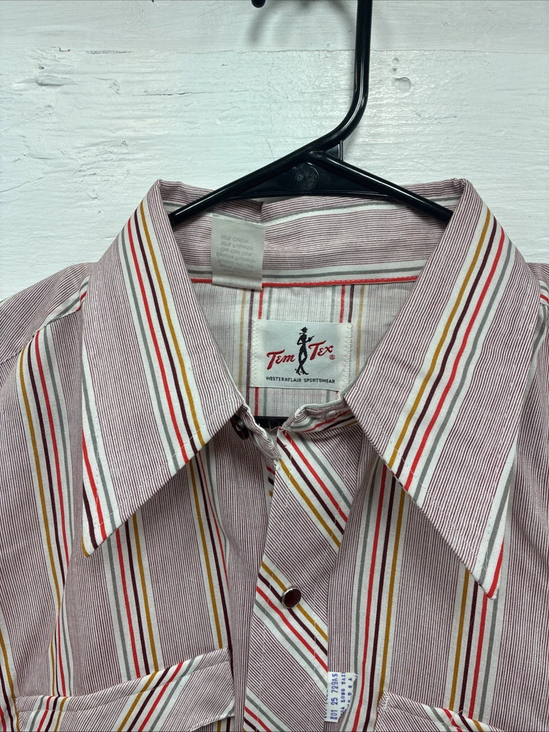 New Men’s Tem Tex Pink Multicolor Stripe Long Sleeve Pearl Snap 16 Large M-27