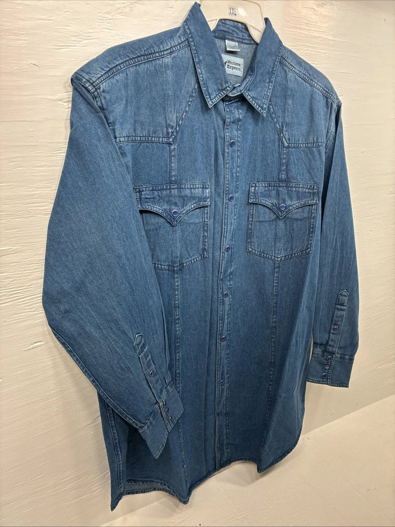 New Men’s Western Express Blue Jean Shirt Long Sleeve Pearl Snap 2XL H-25