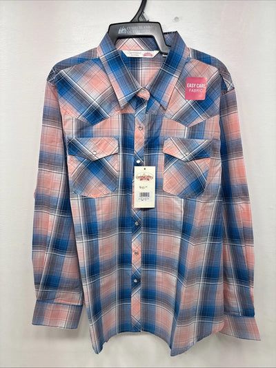 New Women’s Cumberland Pink Blue Plaid Long Sleeve Pearl Snap 1XL Plus GG-68