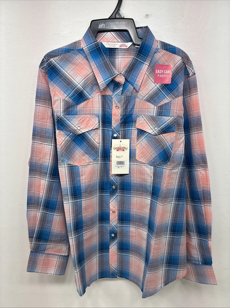 New Women’s Cumberland Pink Blue Plaid Long Sleeve Pearl Snap 1XL Plus GG-68