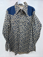 New Men’s Stockman Blue Brown Designed Long Sleeve Pearl Snap 15.5 Medium V-2