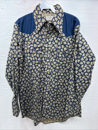 New Men’s Stockman Blue Brown Designed Long Sleeve Pearl Snap 15.5 Medium V-2