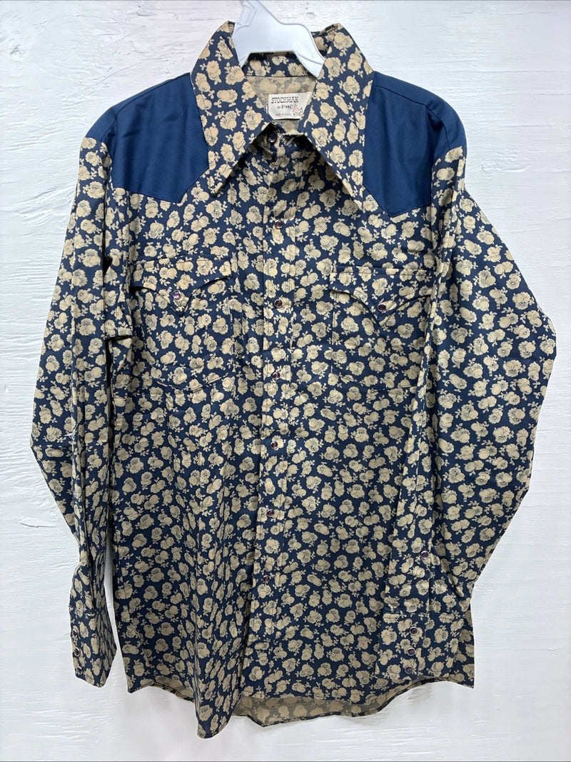 New Men’s Stockman Blue Brown Designed Long Sleeve Pearl Snap 15.5 Medium V-2
