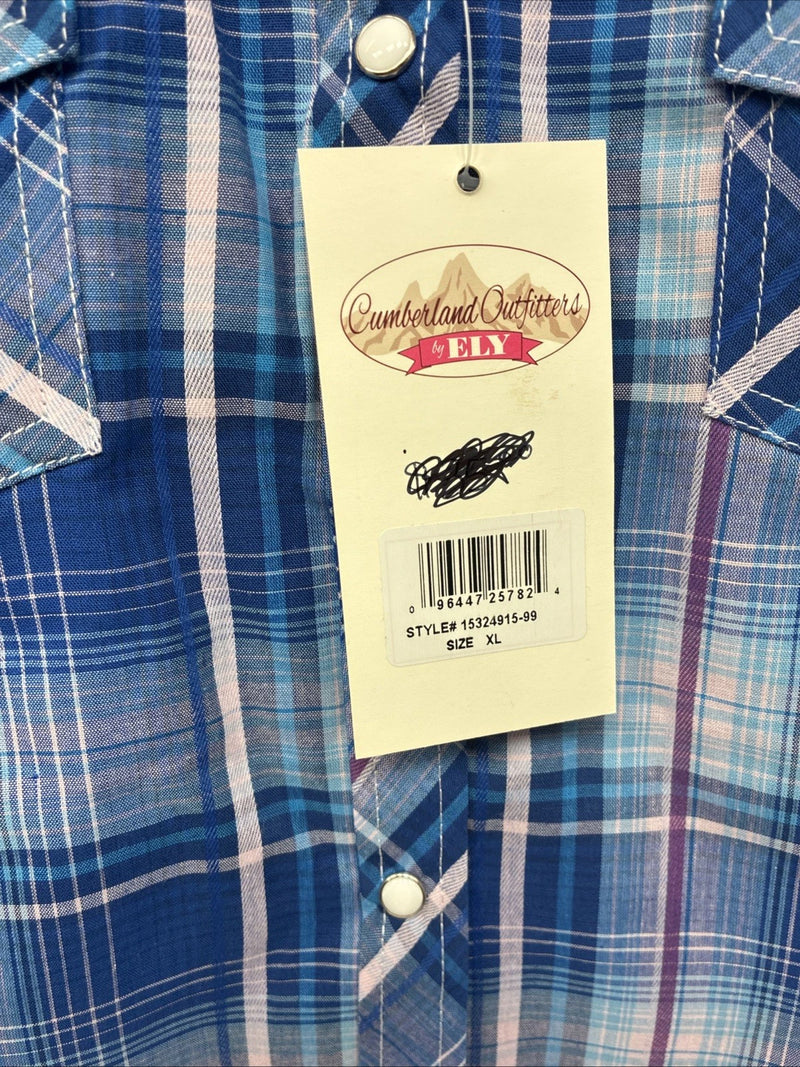 New Women’s Cumberland Blue Plaid Long Sleeve Pearl Snap XL GG-59
