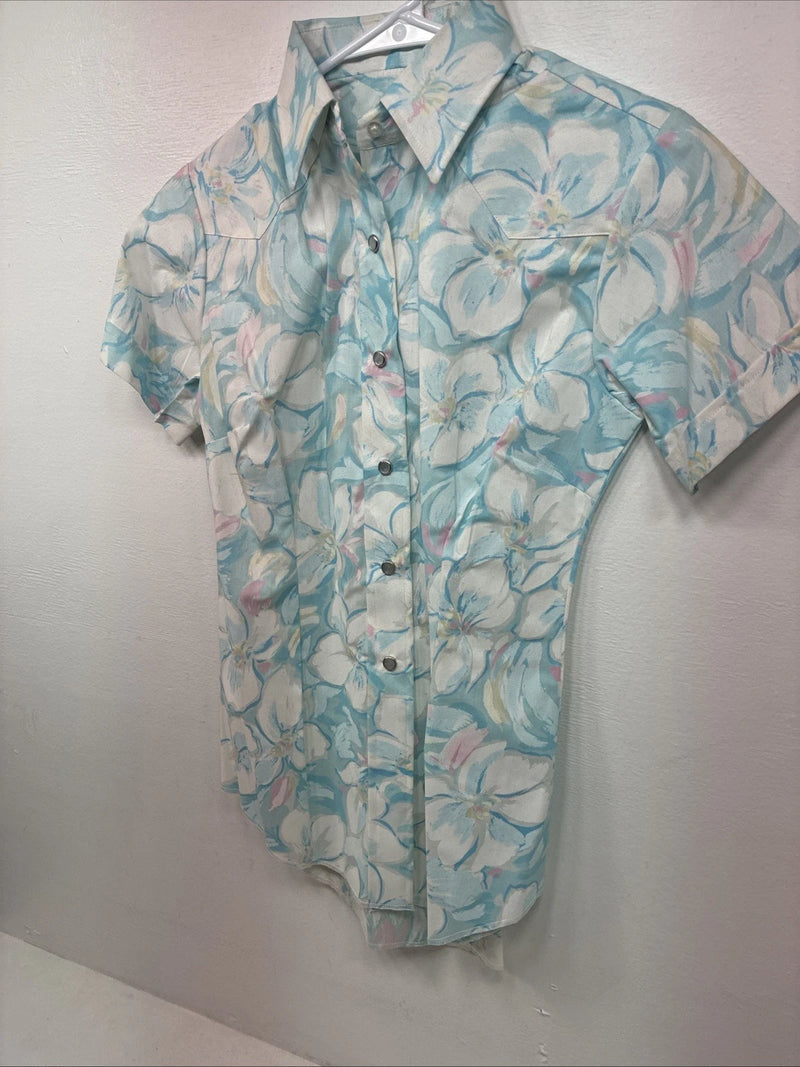 New Women’s H Bar C Blue Floral Short Sleeve Pearl Snap Size 30 DD-155