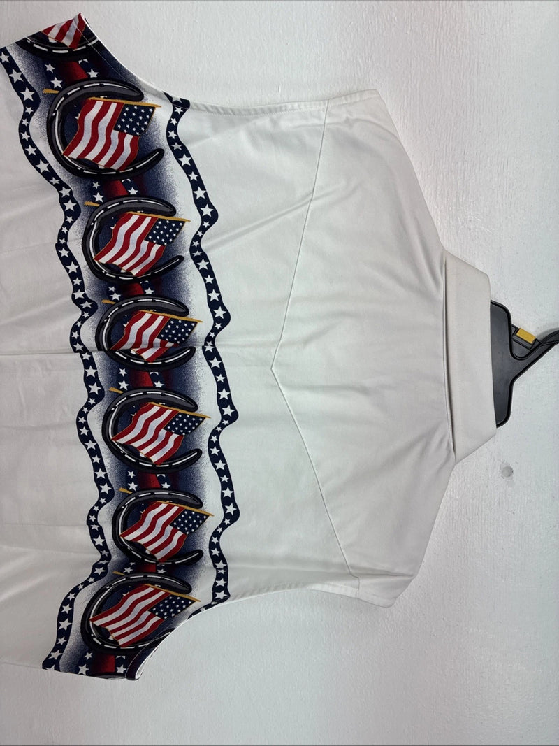 New Women’s Cumberland White Flag Design Short Sleeve Pearl Snap Large II-67