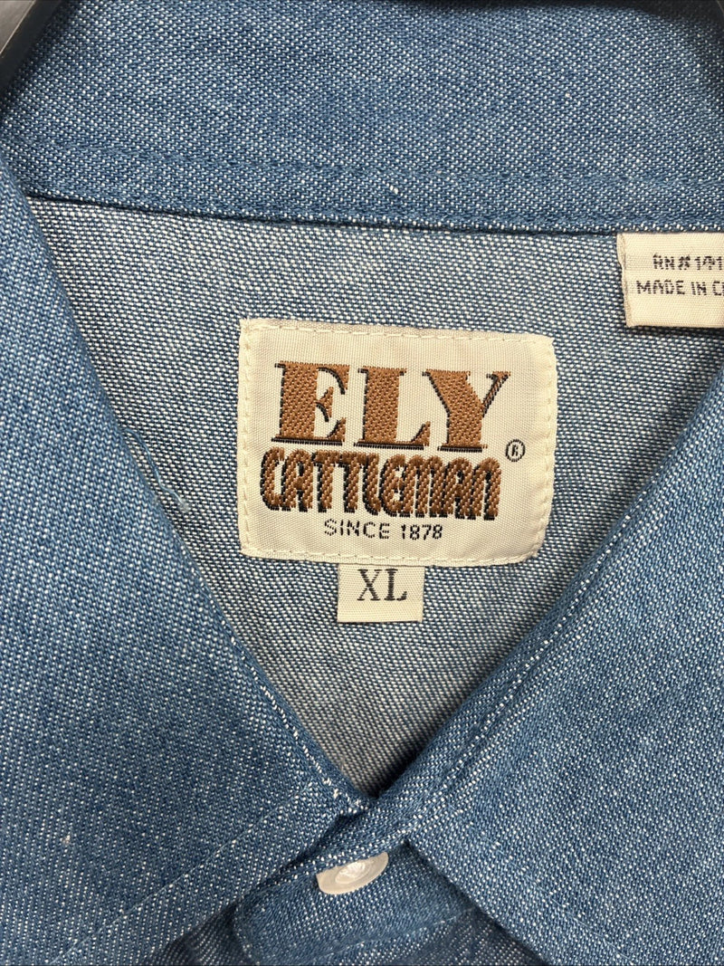 New Men’s ELY Cattleman White Blue Tan Western Long Sleeve Pearl Snap XL R-55