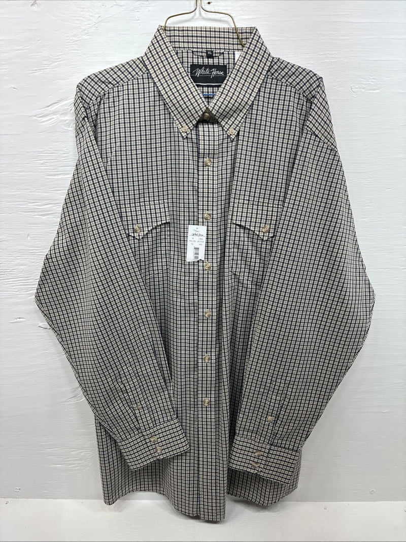 New Men’s White Horse Multicolor Plaid Long Sleeve Button Up Shirt XL M-91