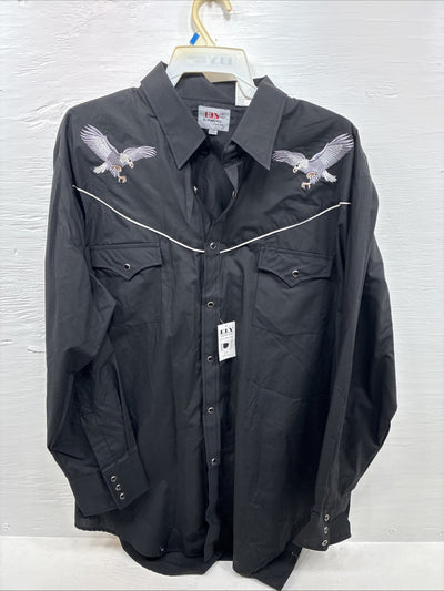 New Men’s ELY diamond Black Western Eagle Long Sleeve Pearls Snap 2XL F-67