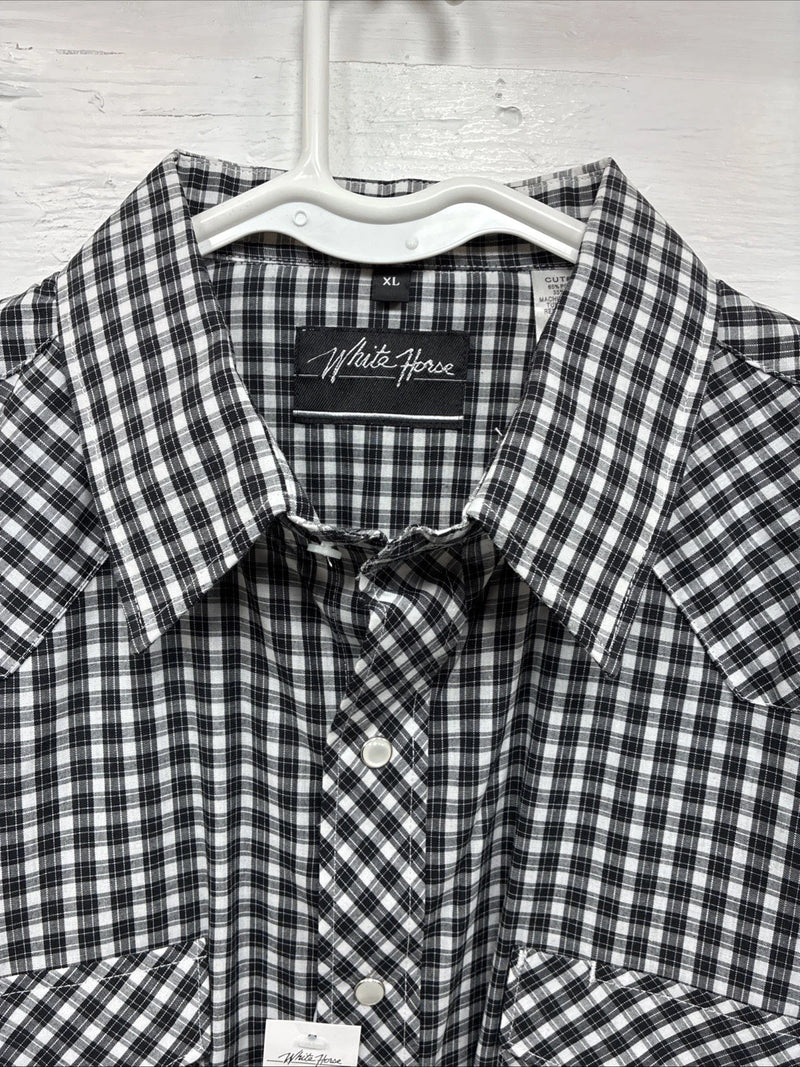New Men’s White Horse  Black White Plaid Long Sleeve Pearl Snap XL H-80