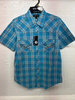 New Men’s ELY 1878 Blue Plaid Short Sleeve Pearl Snap Large X-32