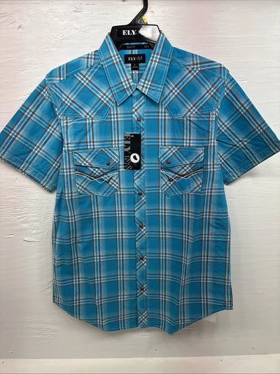 New Men’s ELY 1878 Blue Plaid Short Sleeve Pearl Snap Large X-32