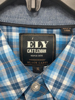 New Men’s ELY Cattleman Blue Yellow Plaid Long Sleeve Button Up XL R-53