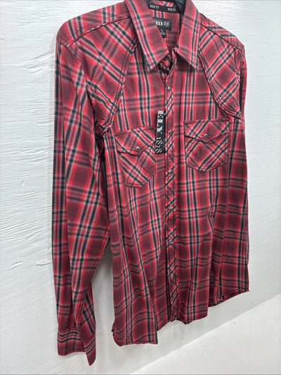 New Men’s ELY 1878 Red Black Plaid Long Sleeve Pearl Snap Large Q-51