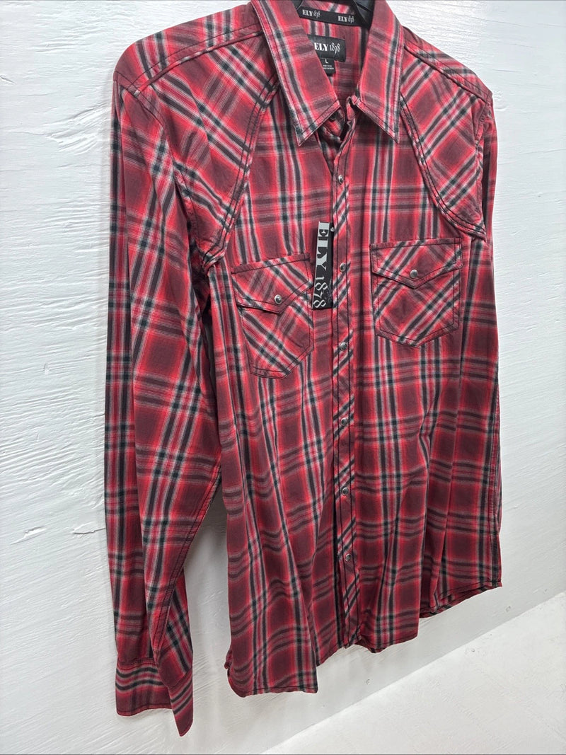 New Men’s ELY 1878 Red Black Plaid Long Sleeve Pearl Snap Large Q-51