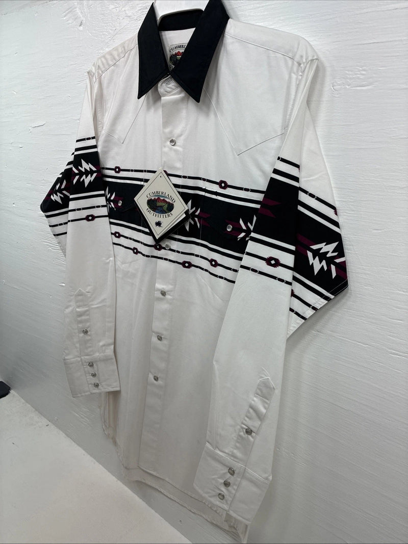 New Men’s Cumberland White Black Purple Long Sleeve Pearl Snap Medium K-26