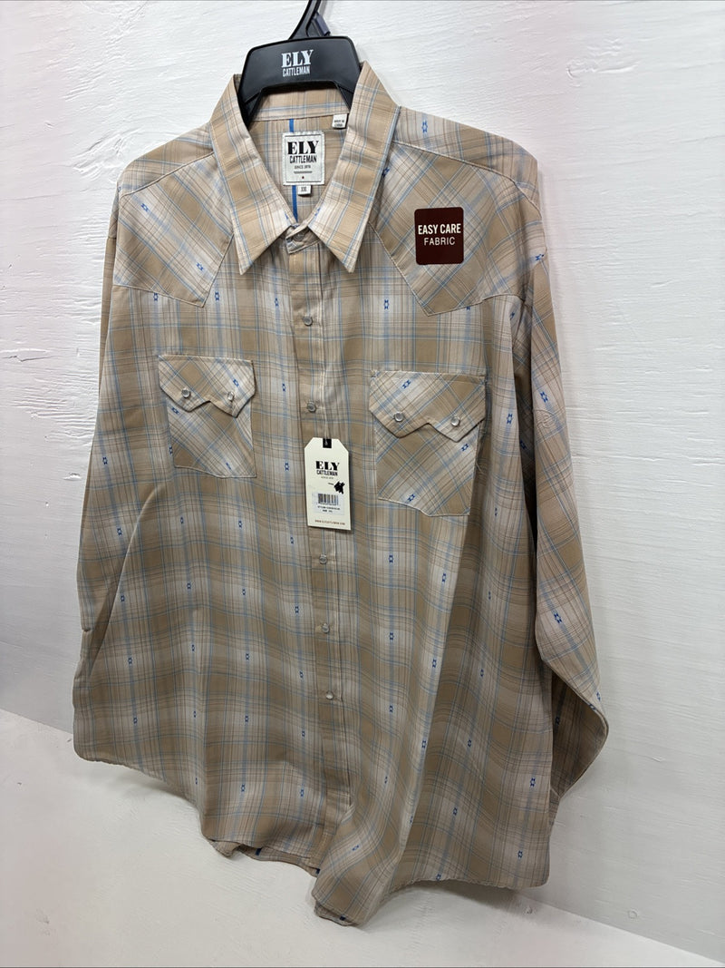 New Men’s ELY Cattleman Beige Flannel Design Long Sleeve Pearl Snap 2XL F-91