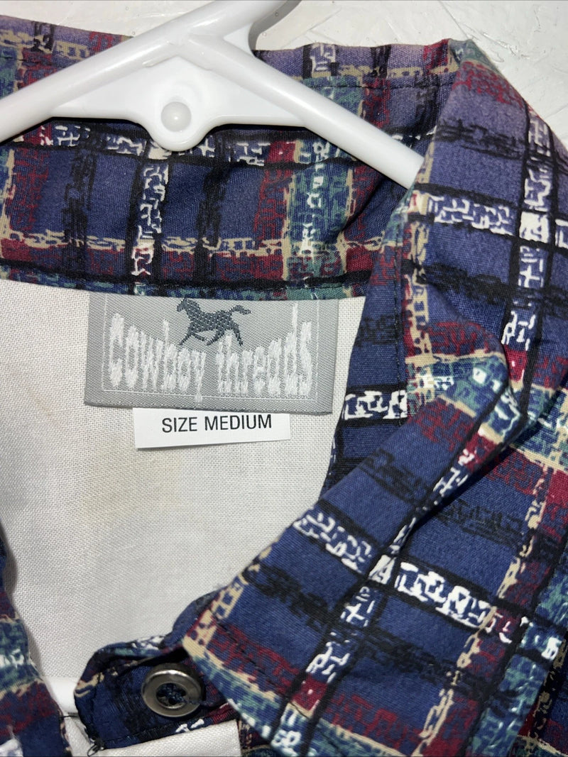 New Women’s Cowboy Threads White Navy Plaid Long Sleeve Button Up Shirt M 3B-75
