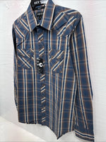 New Men’s ELY 1878 Blue Brown Plaid Long Sleeve Pearl Snap Large Q-32