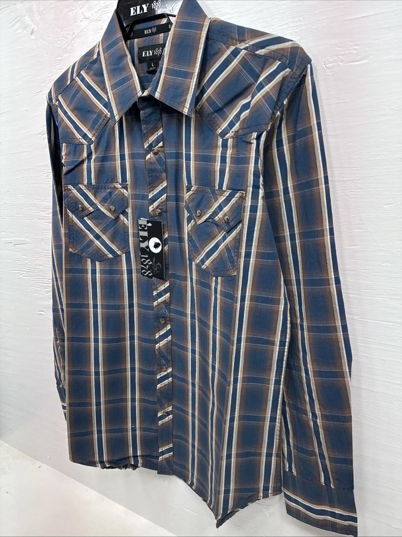 New Men’s ELY 1878 Blue Brown Plaid Long Sleeve Pearl Snap Large Q-32
