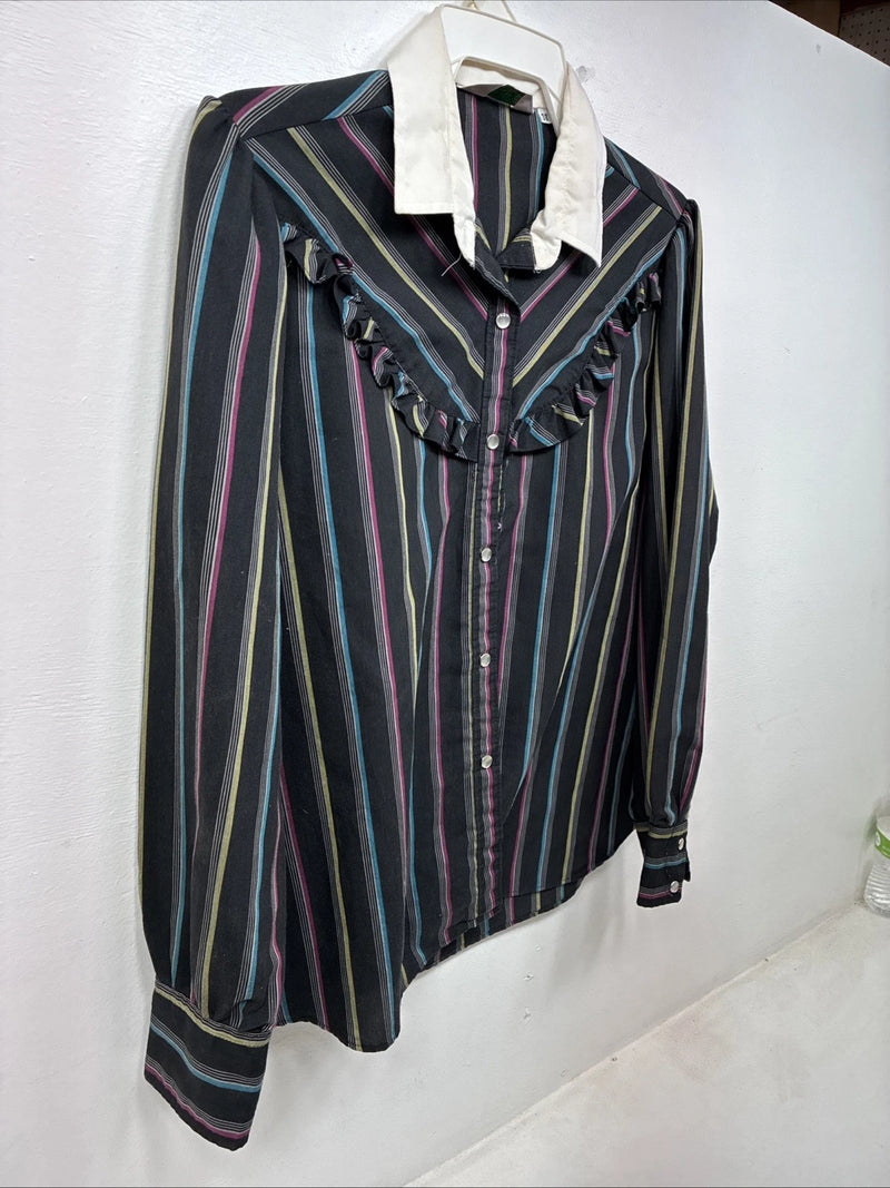 New Women’s H Bar C Black Stripe Long Sleeve Pearl Snap Size 38 TT-71