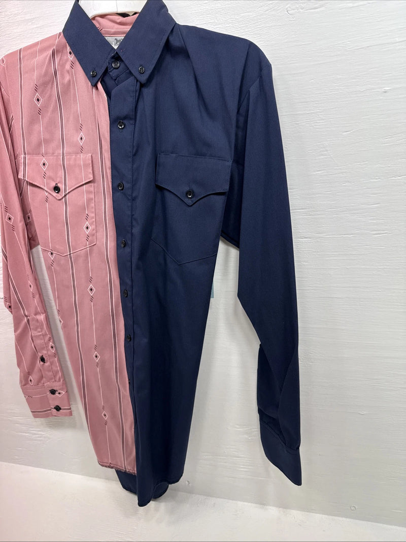 New Men’s Cowboy threads Pink Blue Long sleeve button up Small B-68