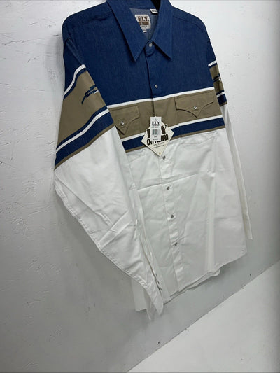 New Mens White Blue ELY Cattleman Long Sleeve Pearl Snap Shirt. XL S-30