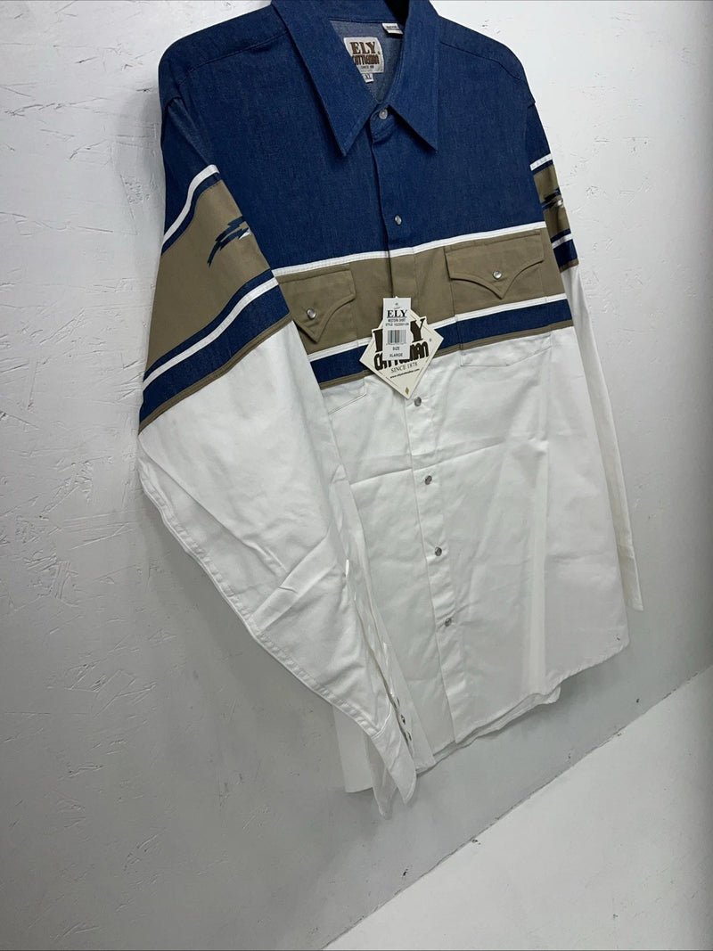 New Mens White Blue ELY Cattleman Long Sleeve Pearl Snap Shirt. XL S-30