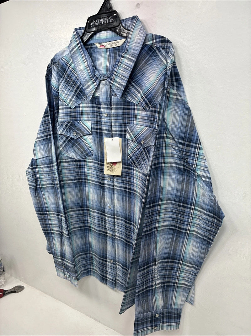 New Women’s Cumberland Blue Plaid Long Sleeve Pearl Snap 3XL GG-48