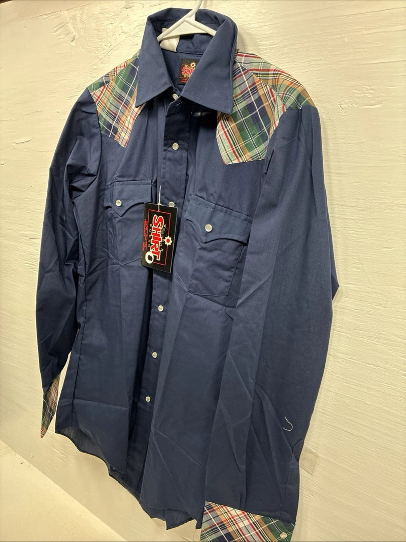 New Men’s Western Shirt Blue Plaid Long Sleeve Pearl Snap 15 X 33 Medium T-93
