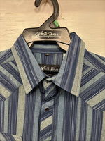 New Men’s White Horse Blue Green Stripe Long Sleeve Pearl Snap XL H-66